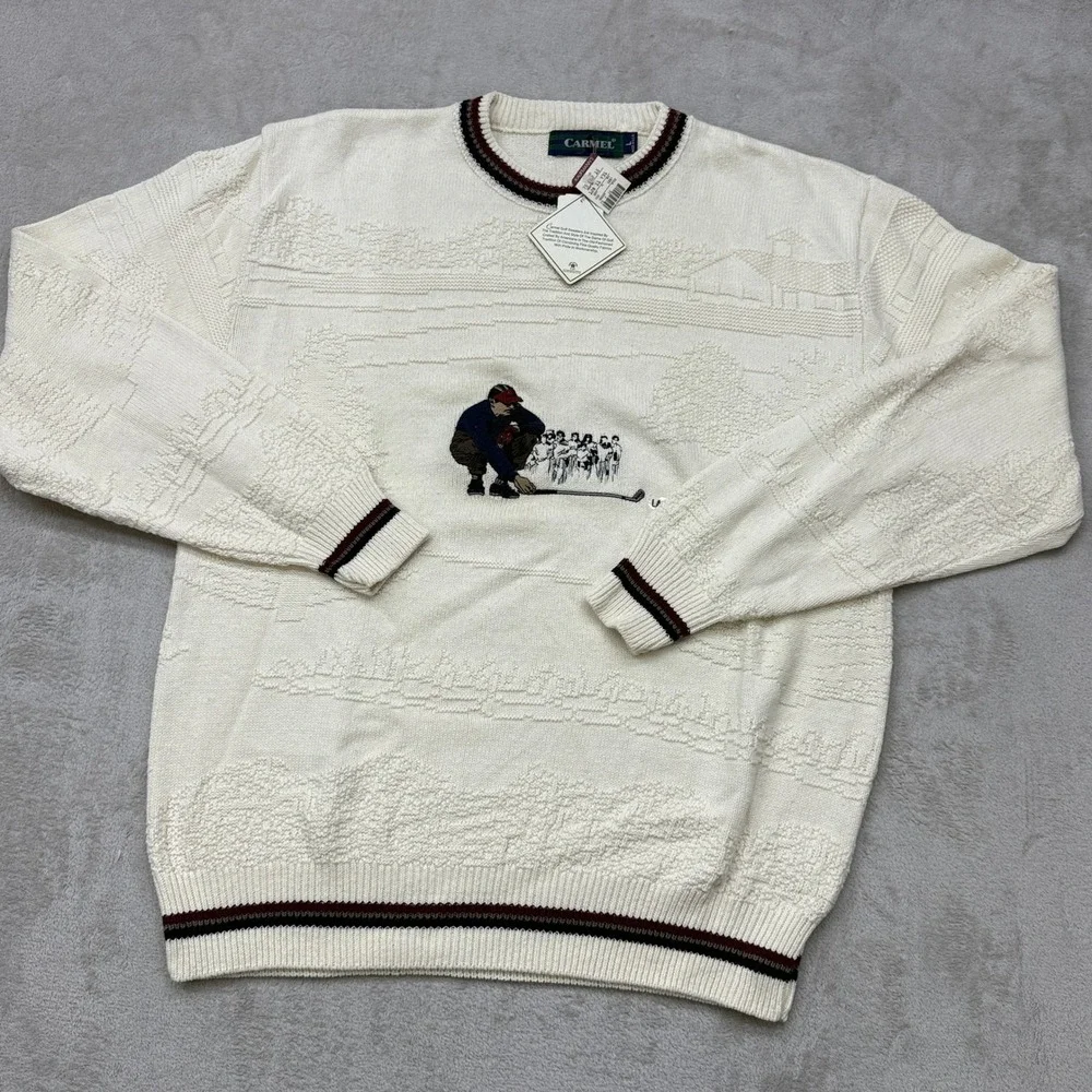 VTG Carmel Golf Sweater Men Large Cream Textured Landscape Embroidered USA 90s